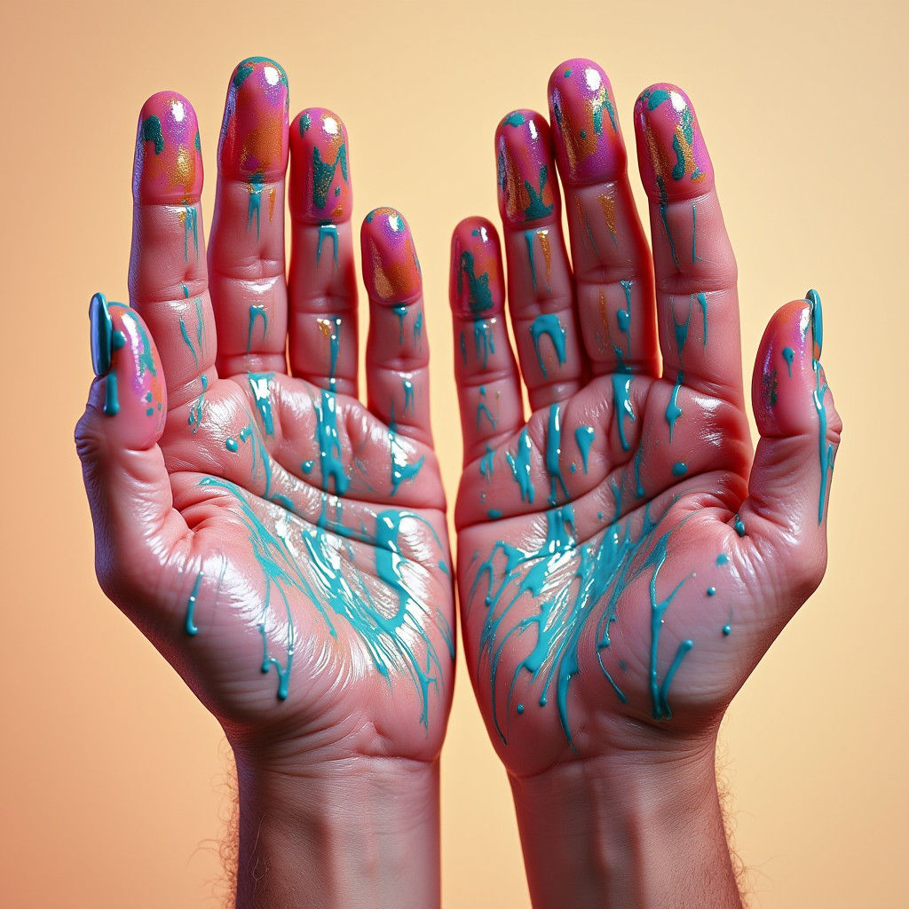 Hands Covered in Colorful Glue: Whimsical Digital Art