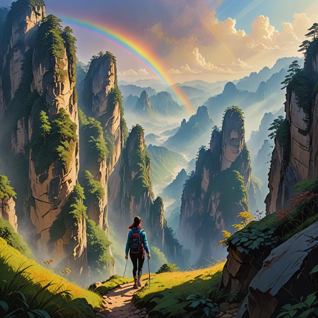 Girl Hiking in Zhangjiajie: Impressionist Digital Painting