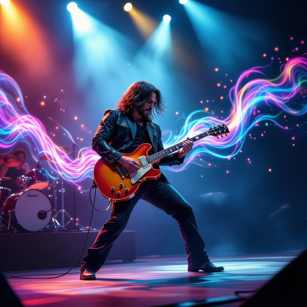 Passionate Guitarist on Stage with Magical Light Effects