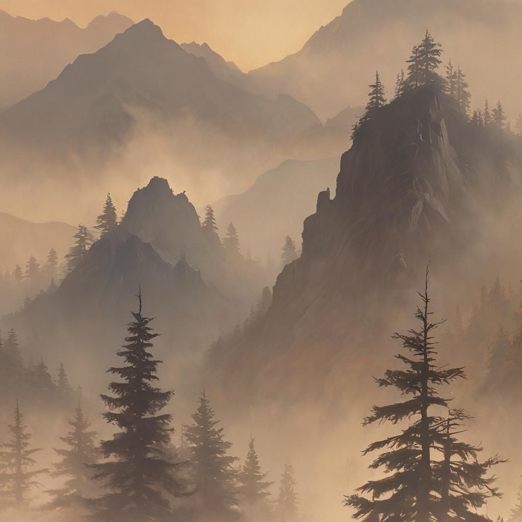 Misty Twilight Mountains in Impressionistic Style