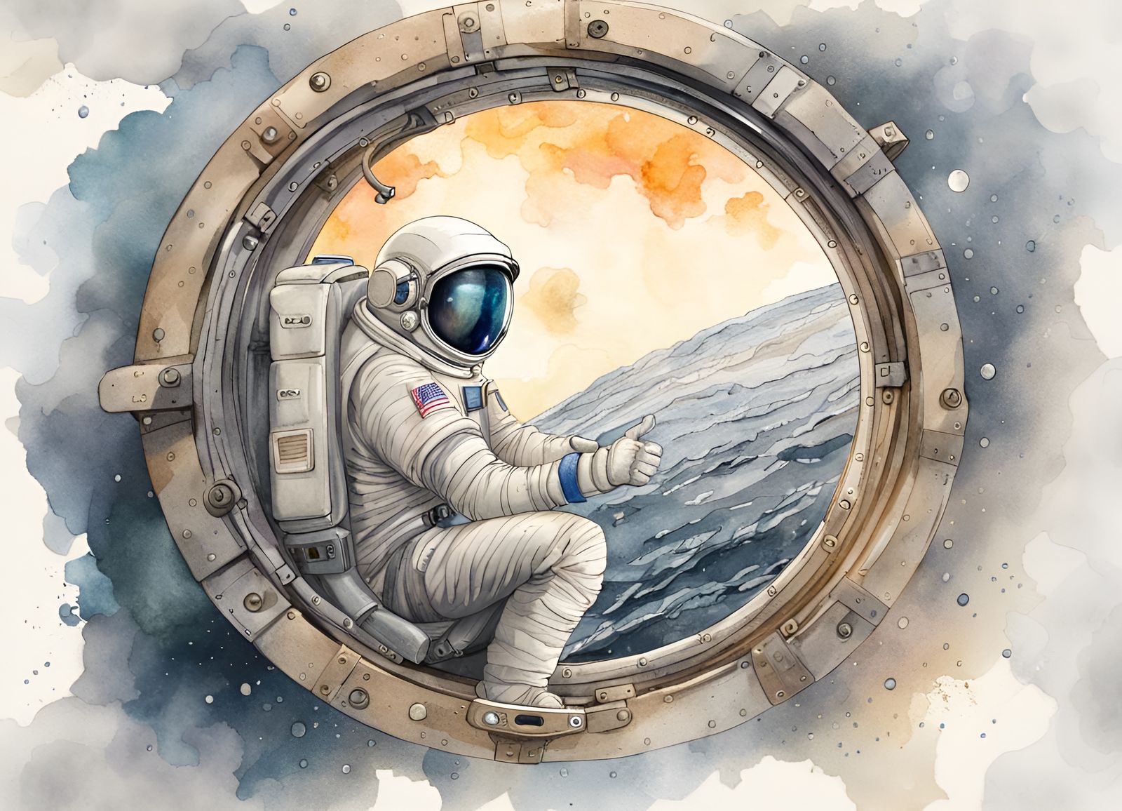 Astronaut Hitchhiking on Moon in Watercolor Style