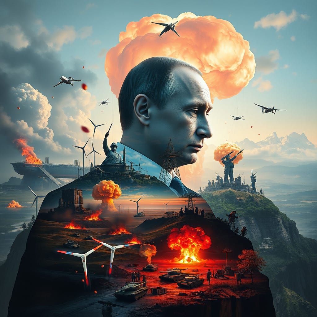 Silhouette of Vladimir Putin in a Futuristic Oil Painting La...