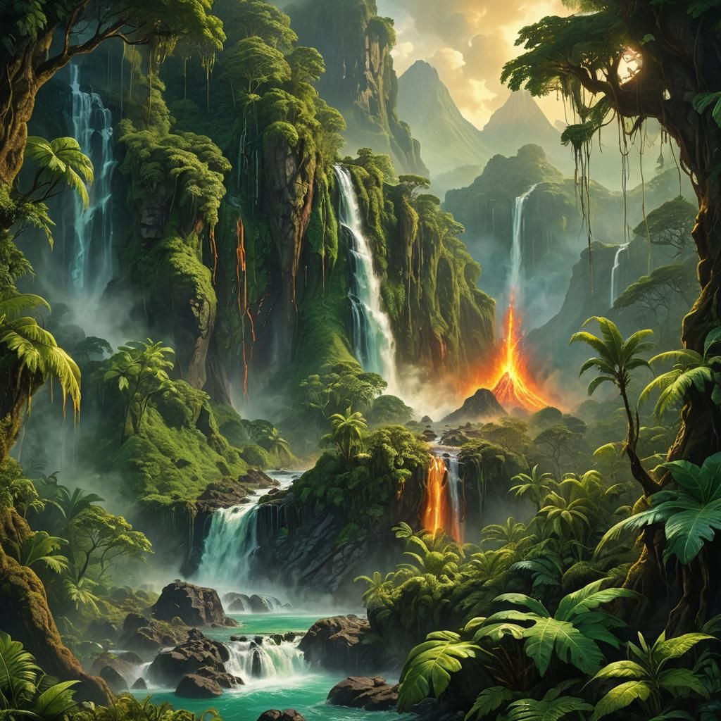Volcano Eruption in Lush Rainforest: Digital Matte Painting