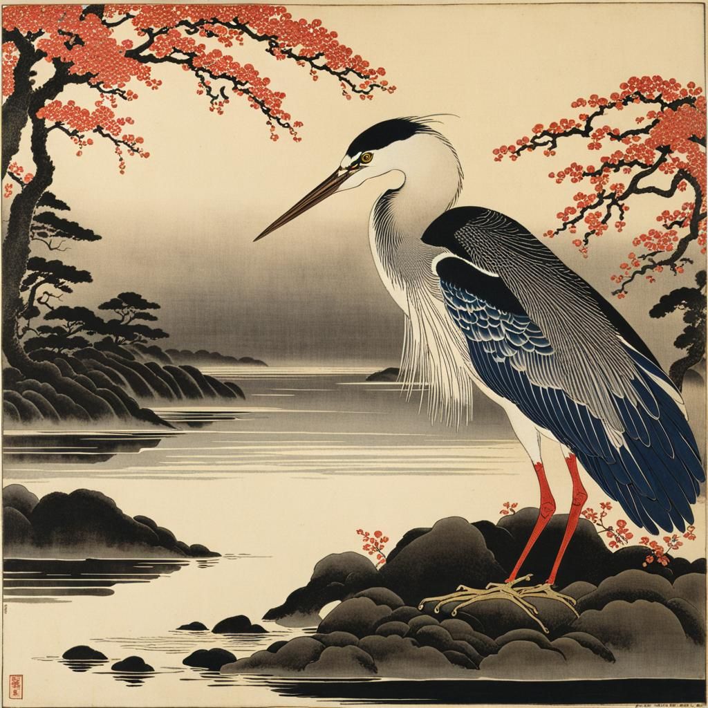 Heron in Shin-hanga Style