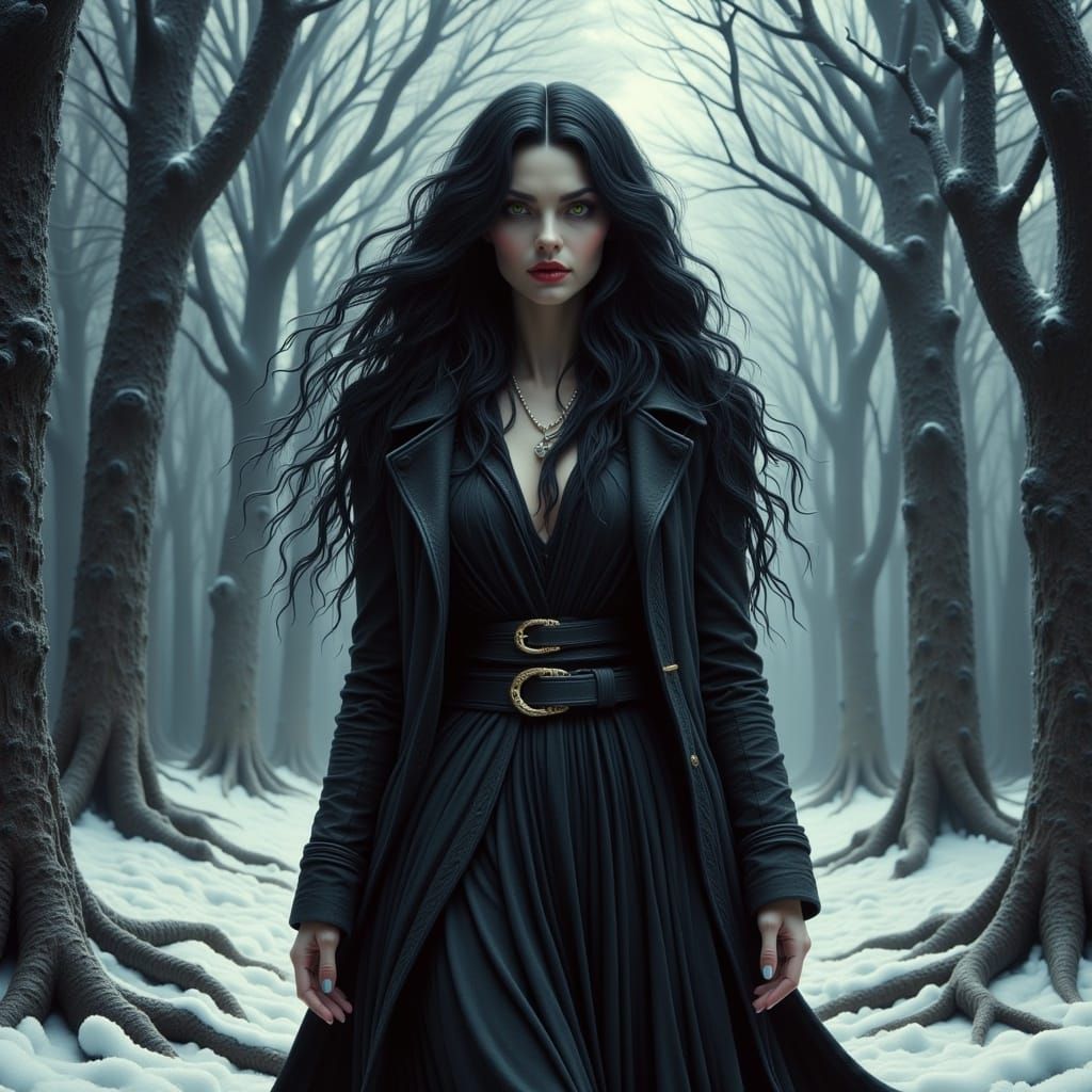 Dark-Haired Woman in Snowy Forest, Dark Fantasy Style