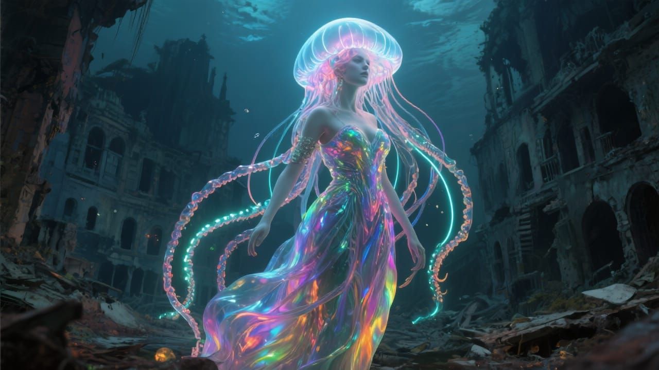 Bioluminescent Jellyfish Goddess Illuminates Sunken City