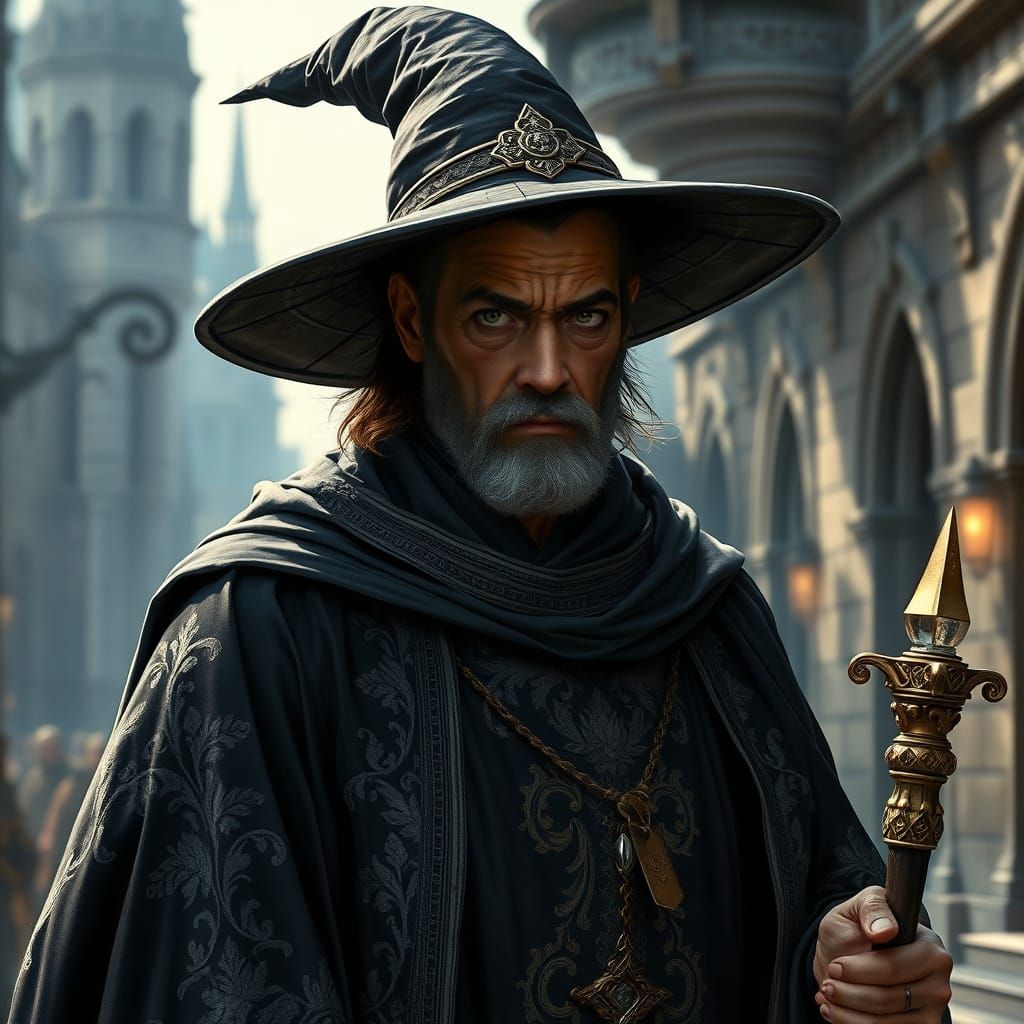 Gloomy Arch-Mage Strides Through Medieval Cityscape