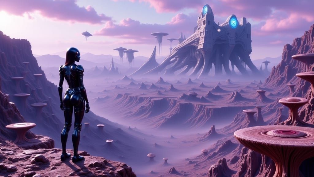 Woman Explorer Surveys Crashed Alien Starship on Purple Plan...