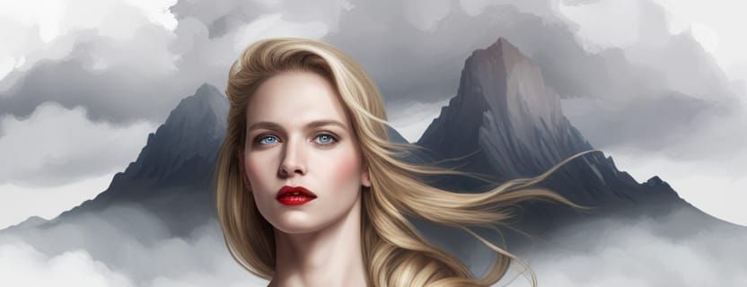 Blonde Woman Portrait with Mountain View in Digital Art