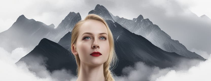 Blonde Woman Portrait with Mountains, Hyperdetailed Art