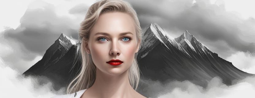 Blonde Woman Portrait with Mountain Backdrop in Hyperdetaile...