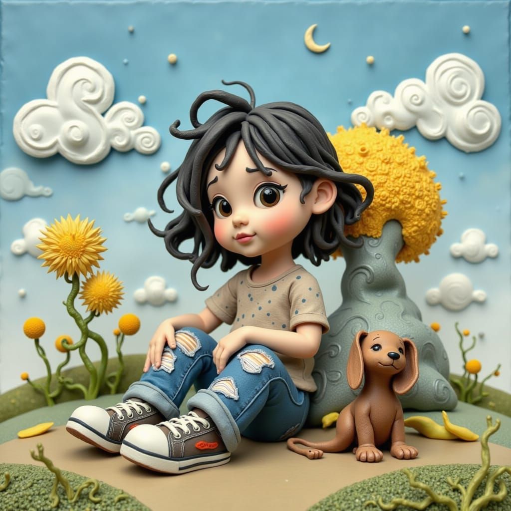 Claymation Girl with Puppy in Graphite Style