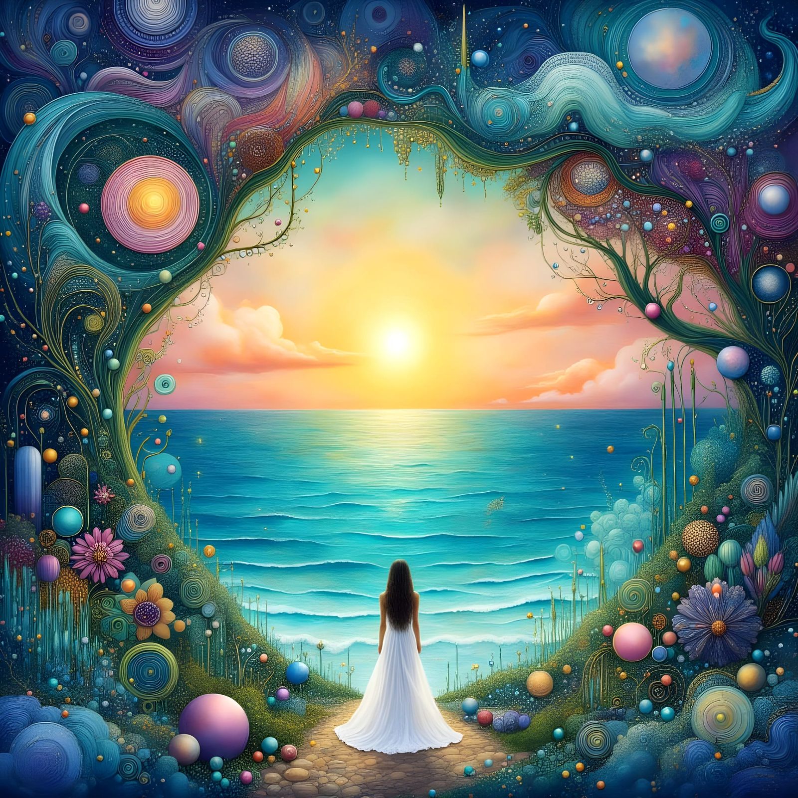 Archway to Ocean Sunset with Swirling Clouds