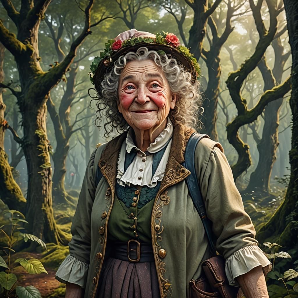 Kind Elderly Woman in Forest: Detailed Matte Painting