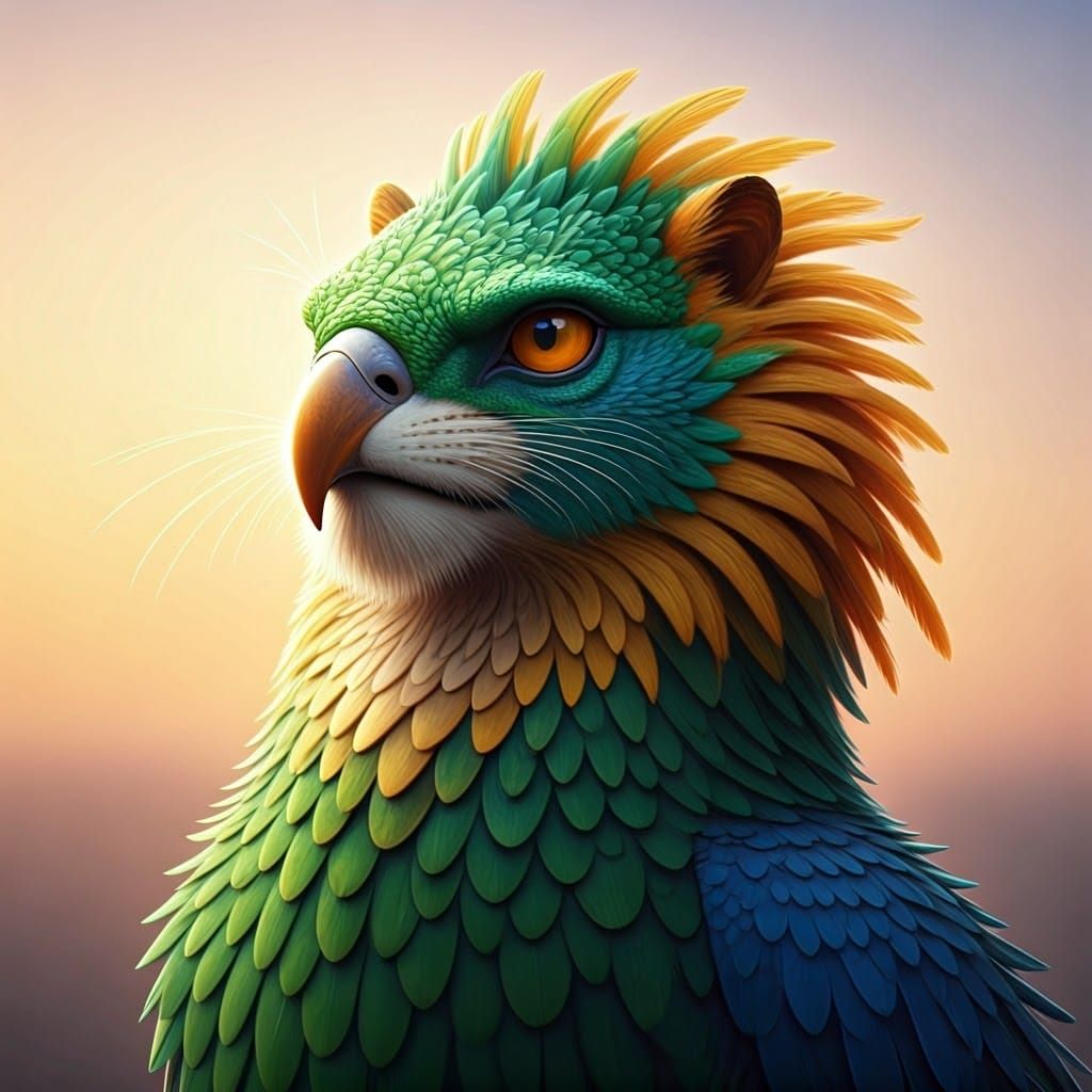 Majestic Bird Chimera in Vibrant 3D Digital Art