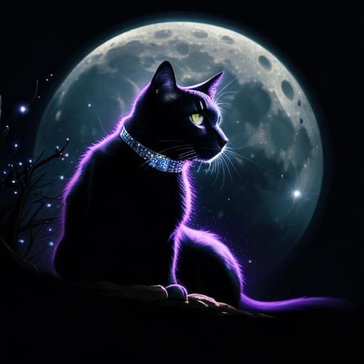 Black Cat Wishes on Starry Moon in Filigree Style