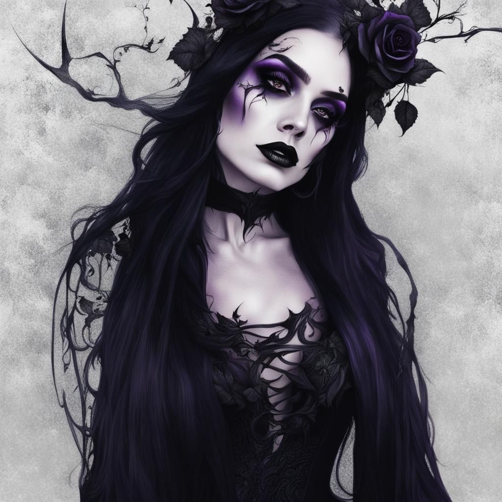 Ethereal gothic witch with Black rose vines wrapped around her& long black hair& purple eyes& gothic makeup perfectly do...