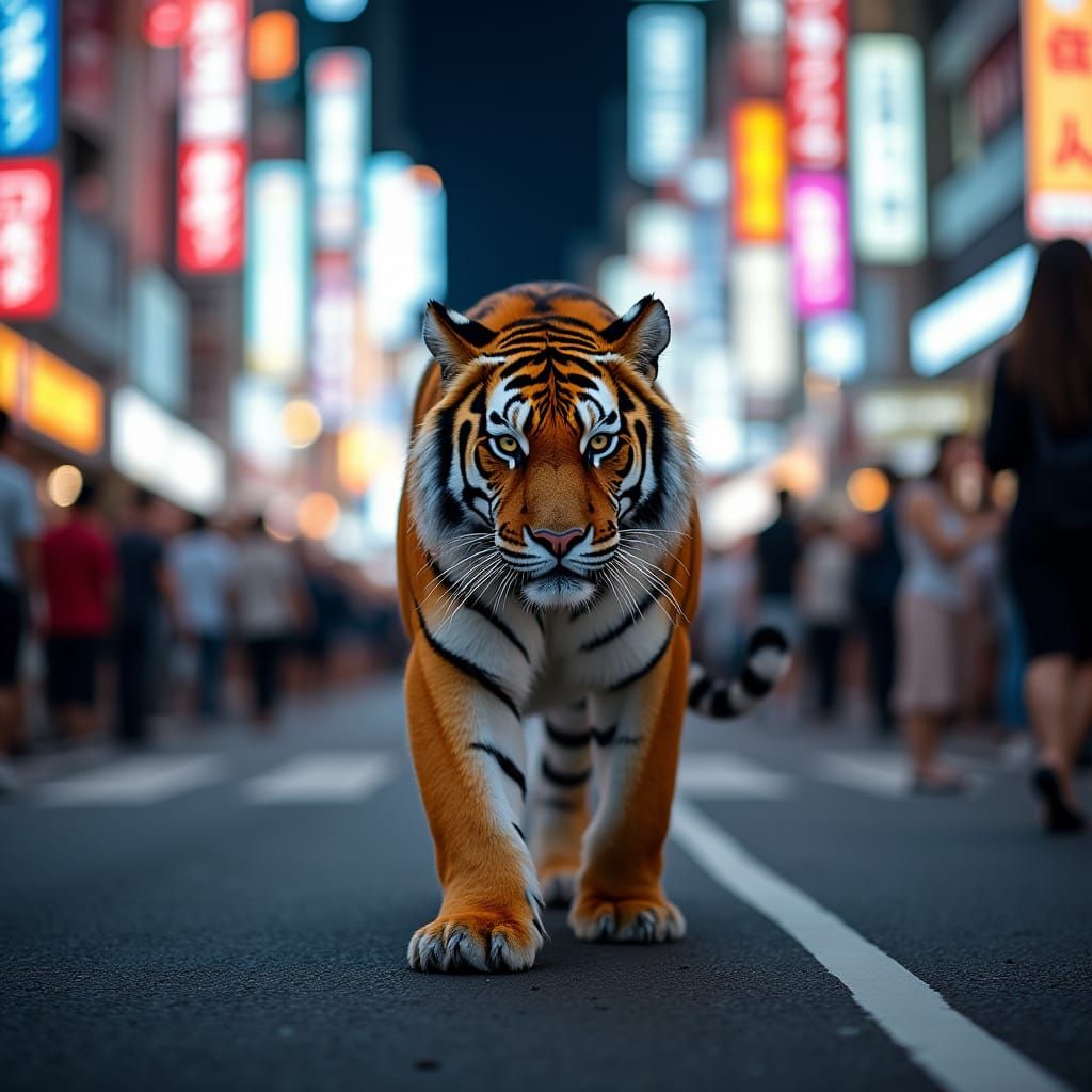 Regal Bengal Tiger Strolls Through Tokyo's Neon Streets