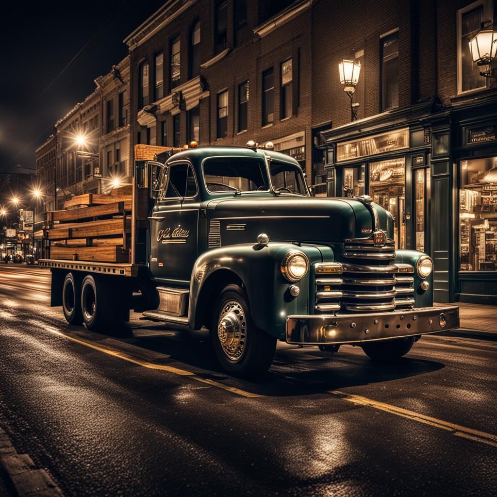 Flatbed Truck at Night Downtown: Hyperrealistic Image