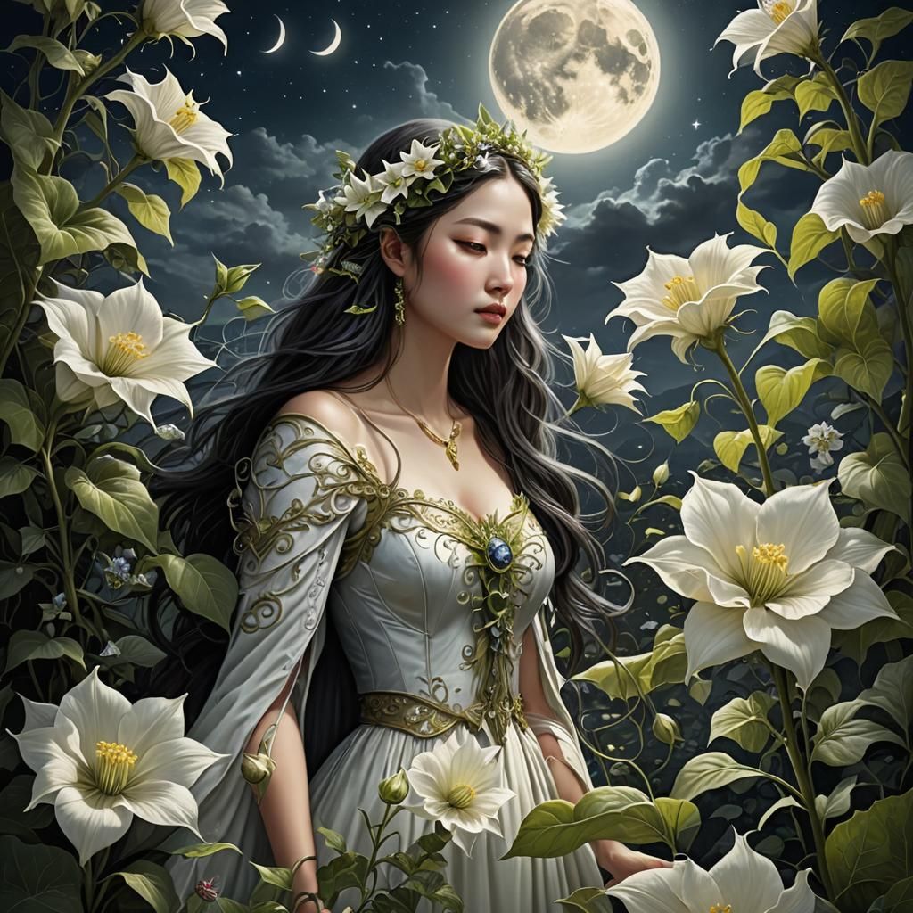 Moonlit Moonflower Serenade: Hyperrealistic Fantasy Art