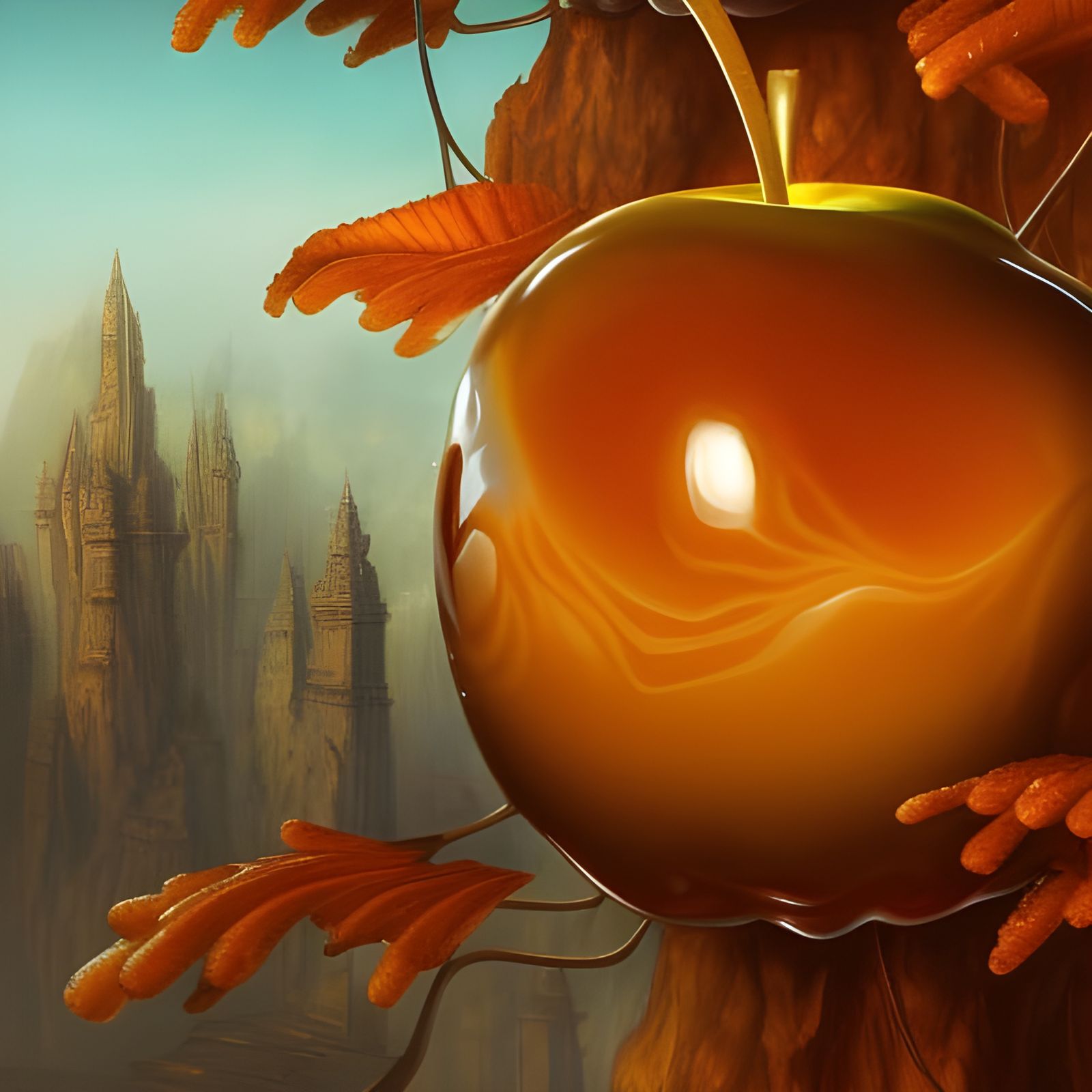 Caramel Apple Dripping with Caramel in Detailed Painting