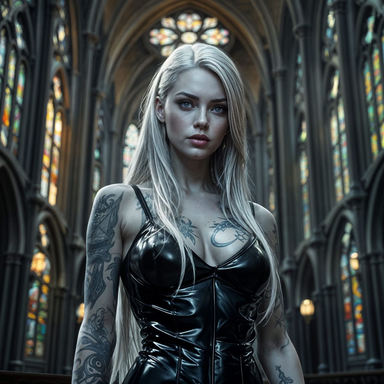 Silver Skinned Woman in Gothic Cathedral
