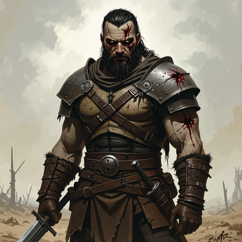 Worn Fantasy Giant in War-Torn Landscape