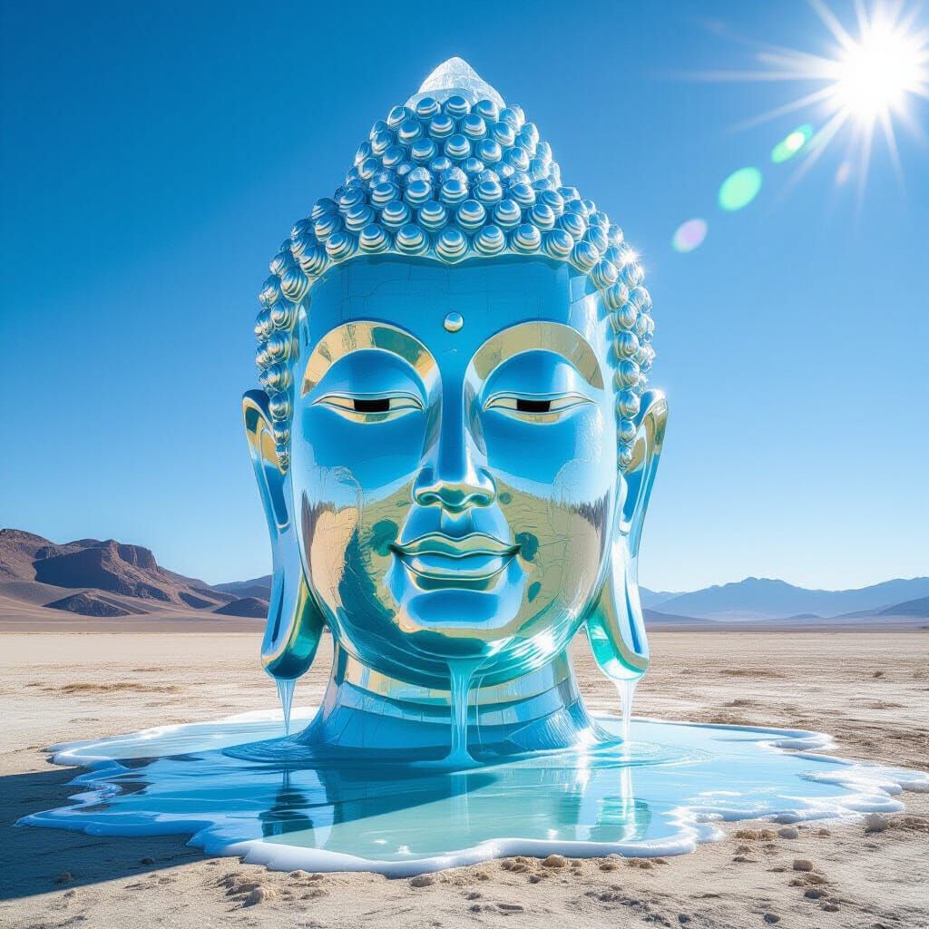 Ice Buddha Melts in Desert Sun: Hyperrealistic Rendering