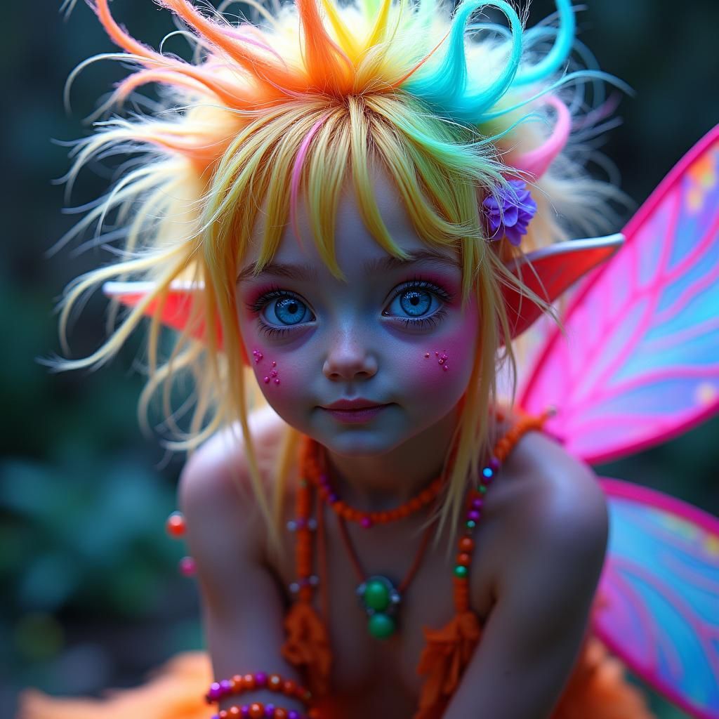 Vibrant Fairy with Rainbow Hair, Matte Painting Style