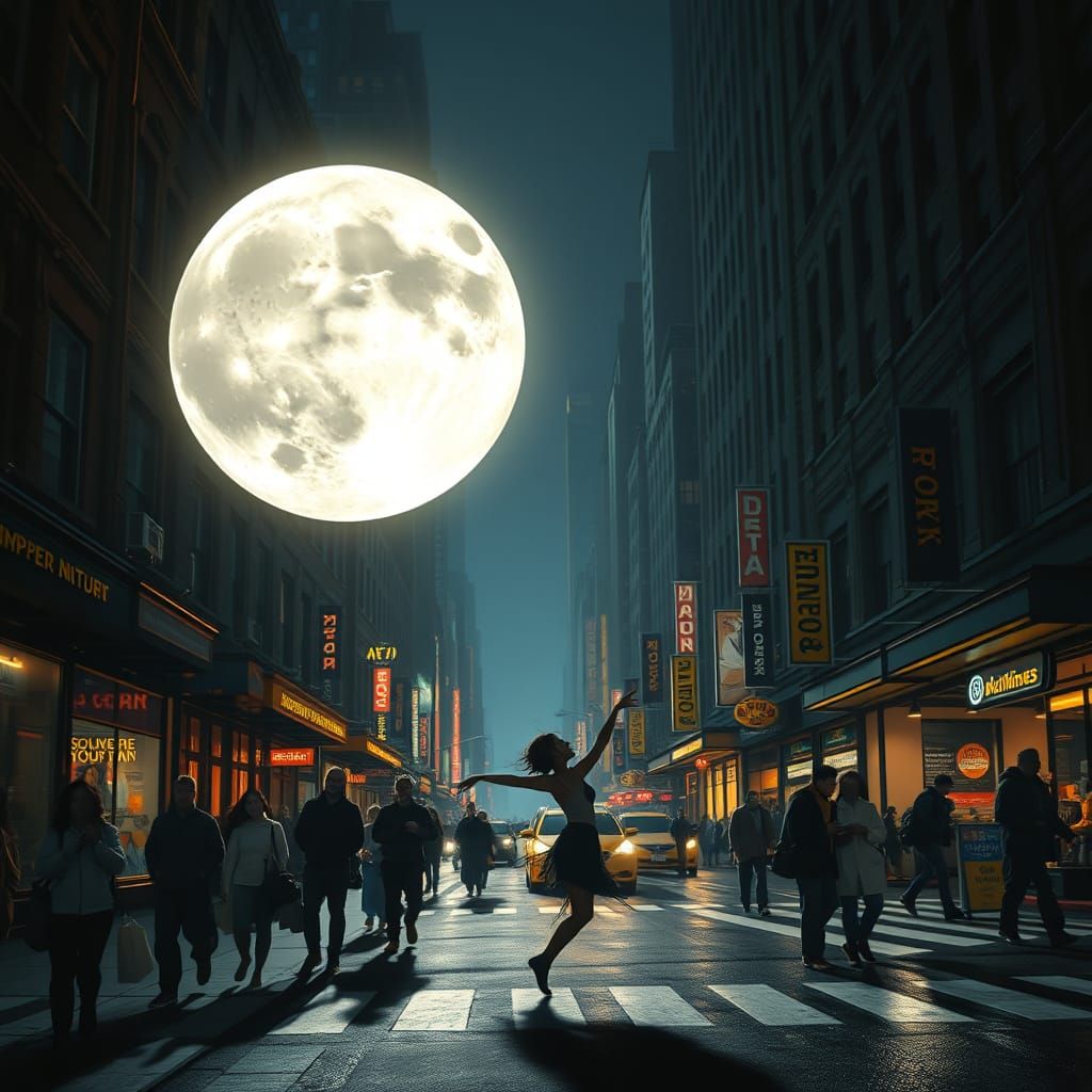 Dancer Under Eerie Moonlit New York Sky