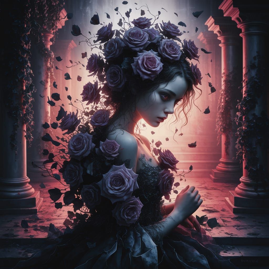 Ethereal Woman in Surreal Rose Downpour Painting