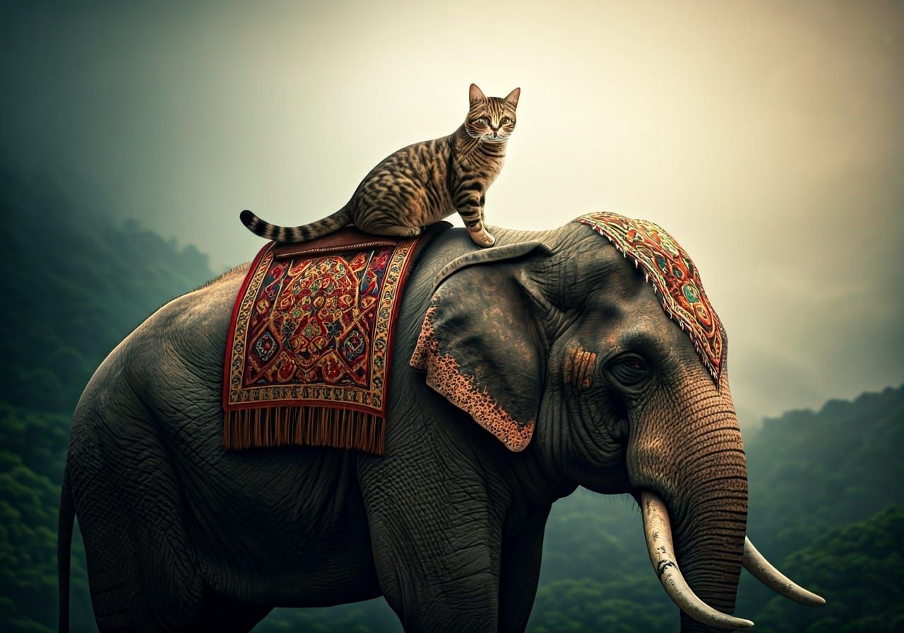 Cat Riding Elephant in Jungle, Cinematic Style