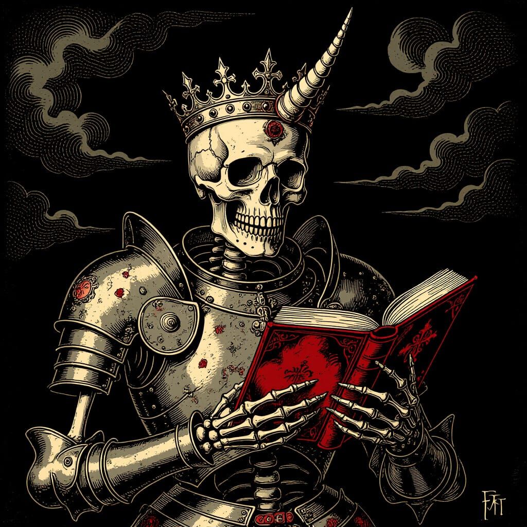 Terrifying Skeleton King with Book, in Etching Style