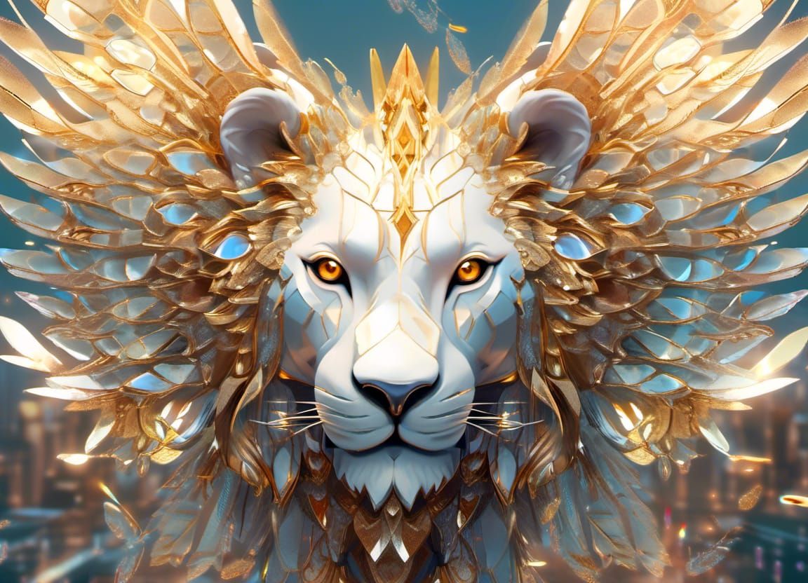 Angelic Glass Lion with Golden Wings
