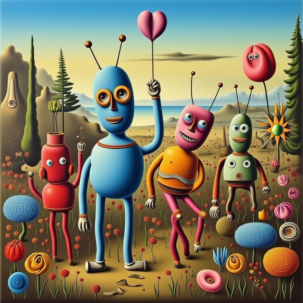 Whimsical Robots in a Vibrant Floral Wonderland