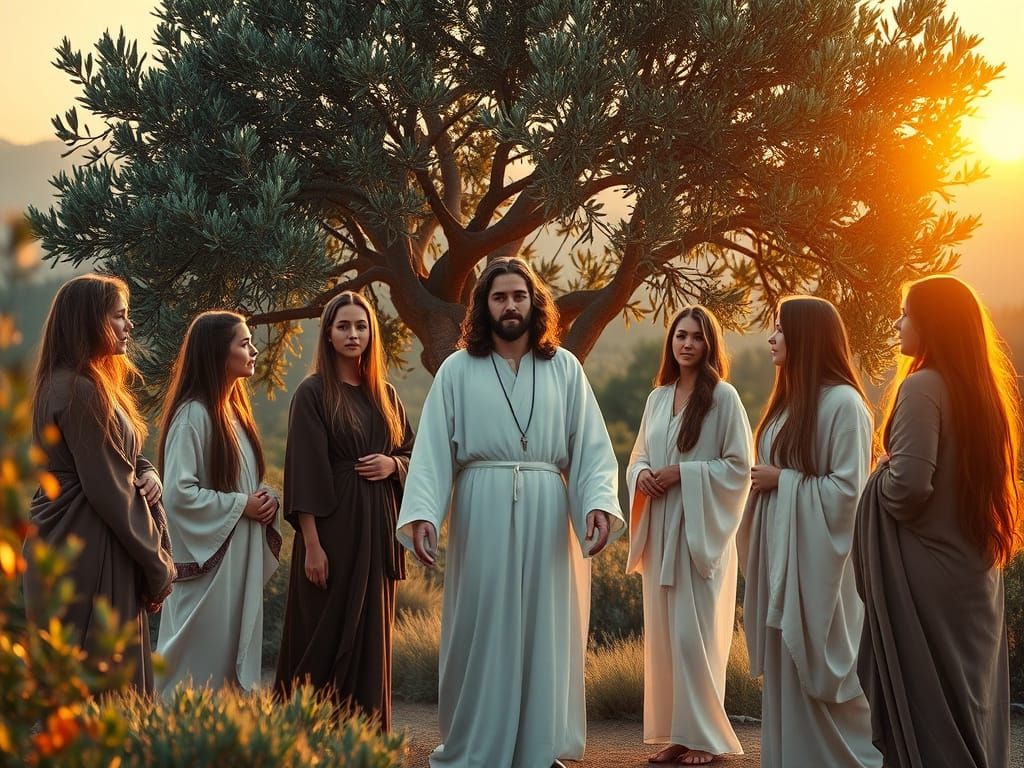 Jesus in Olive Grove Surrounded by Enchanting Women in Sunri...