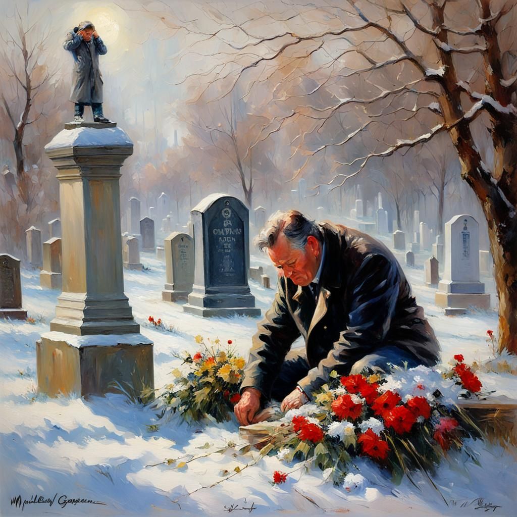 Grief-Stricken Man at Grave: Impressionistic Oil Painting