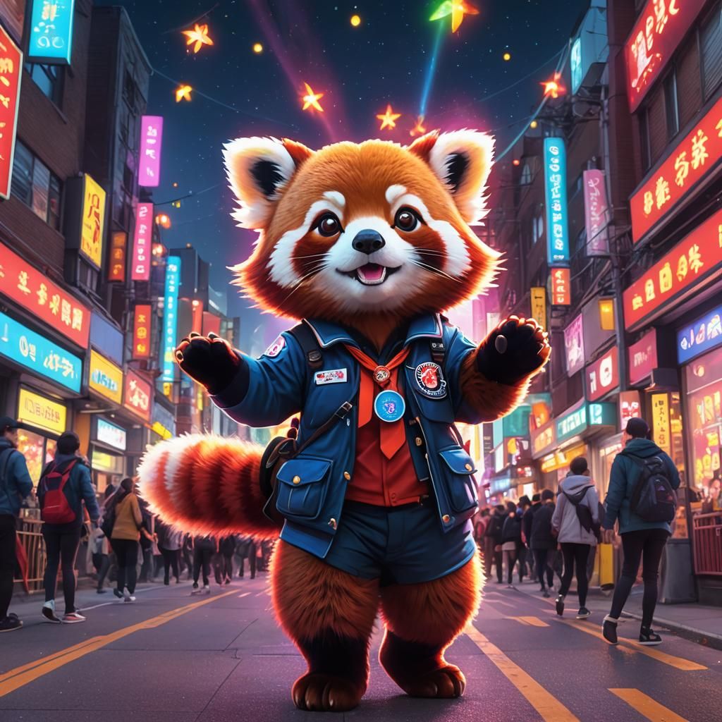 Anthropomorphic Red Panda in Chinatown: Synthwave Art