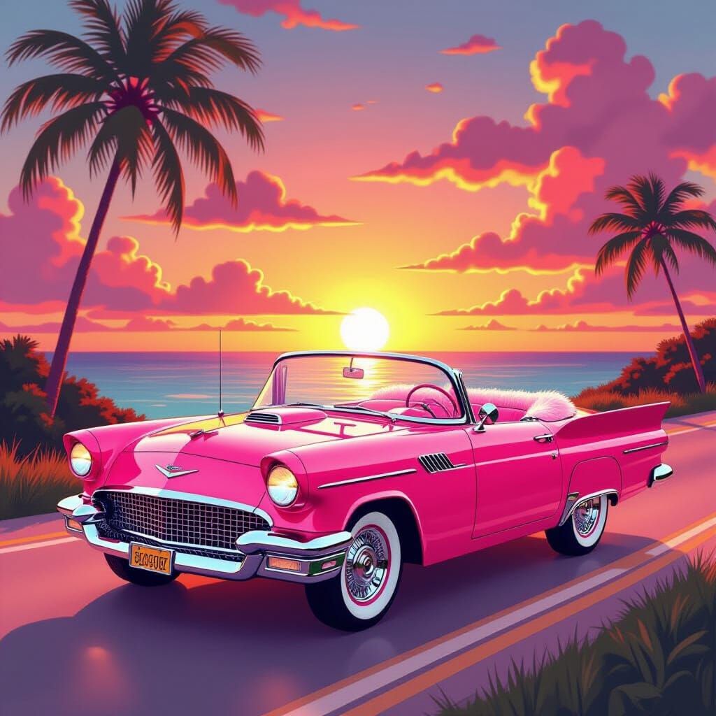 Fluffy Pink Barbie Car on Tropical Road at Sunset
