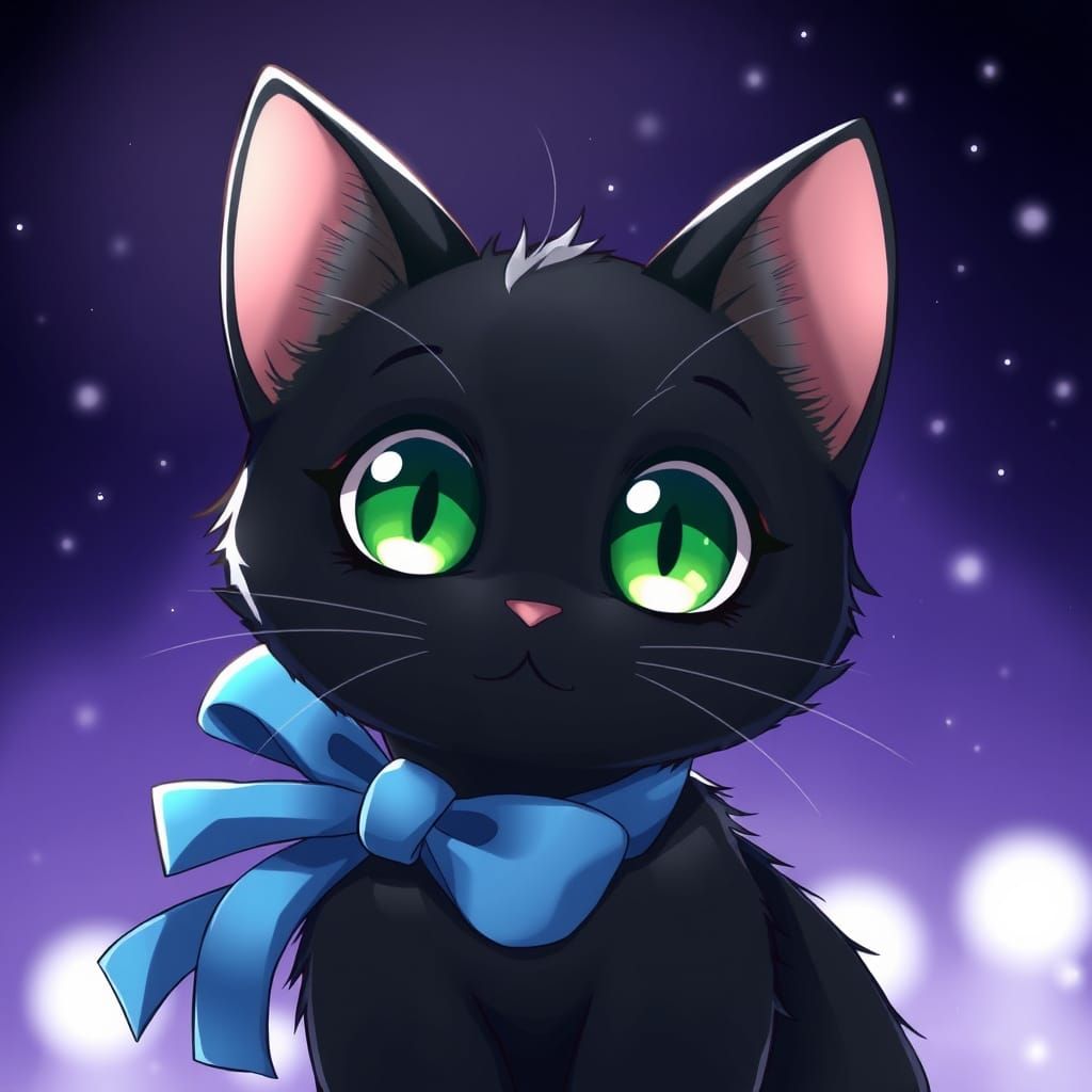 Whimsical Black Cat Under a Dark Purple Starry Night Sky