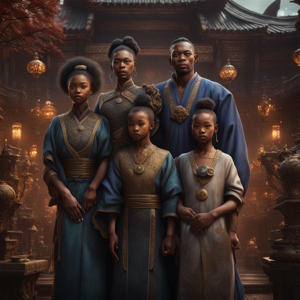 Detailed Black Asian Family Fantasy Concept Art