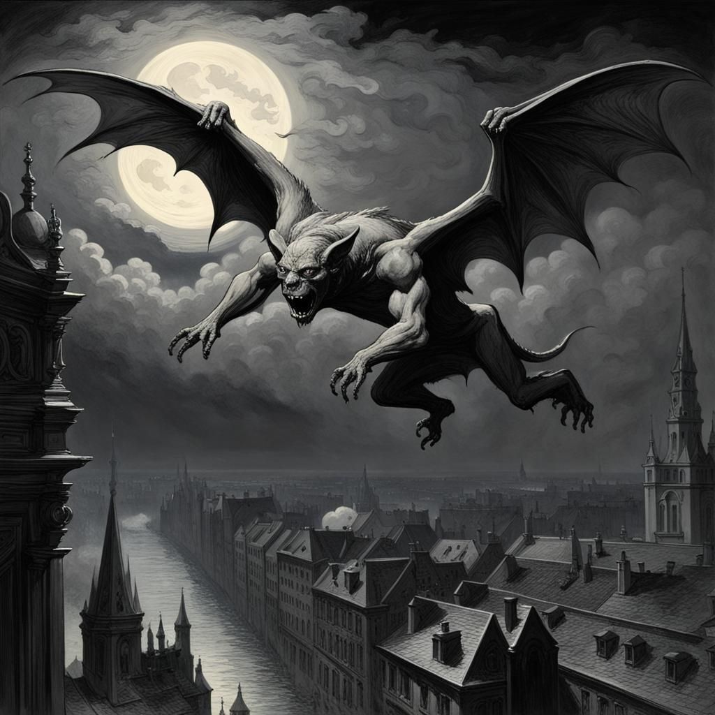 Gargoyle Soaring in the Night, Horror Art