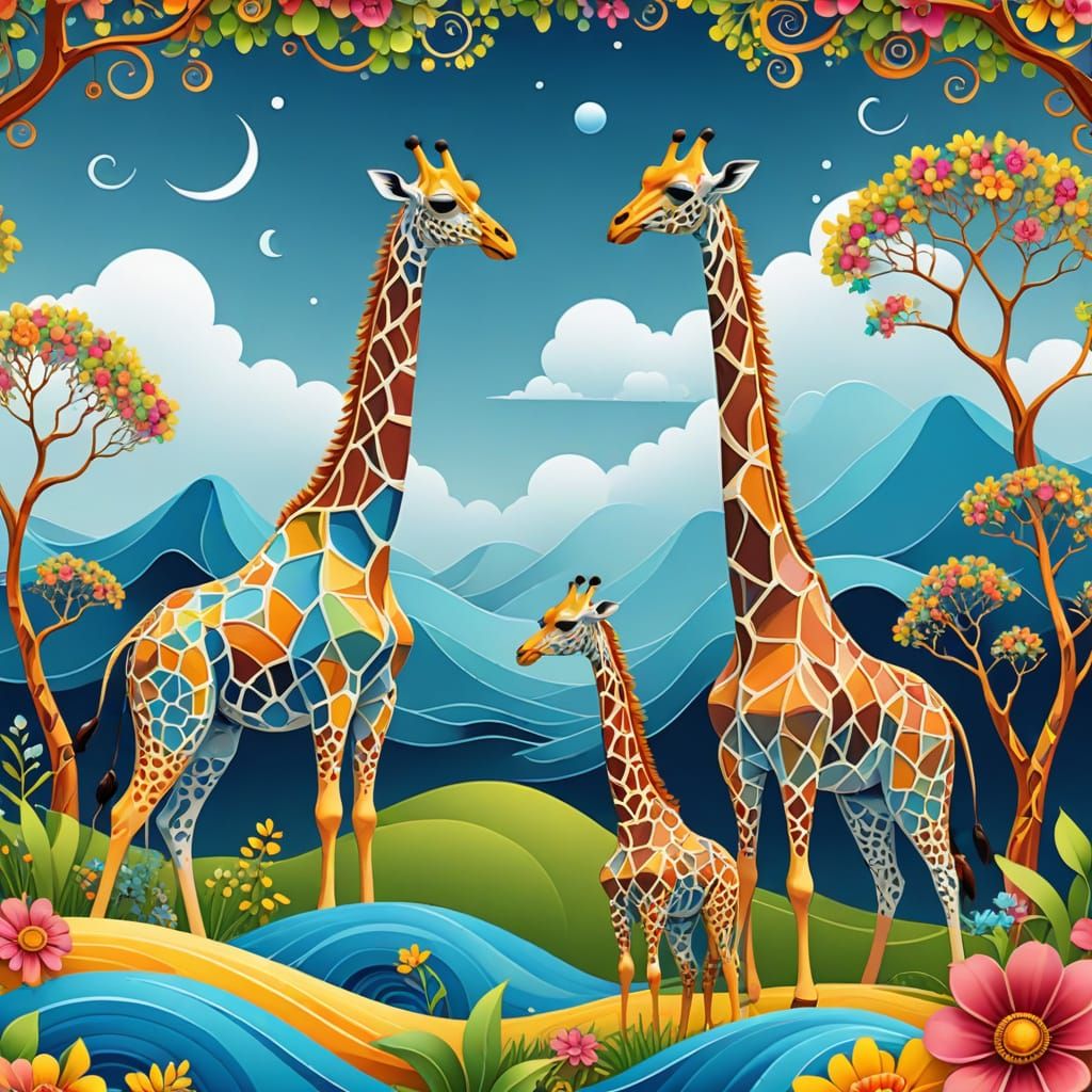 Abstract Giraffe Family in Psychedelic Savanna