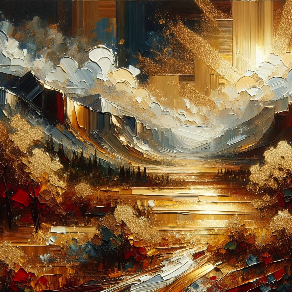 Heavy Texture Landscape Painting with Golden Glitter