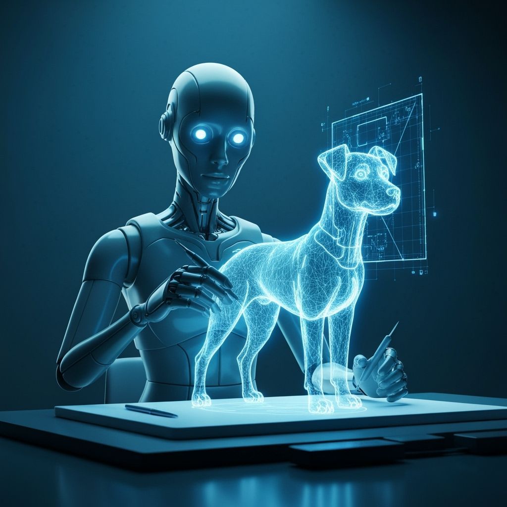 An android facing the viewer in a digital studio using needl...