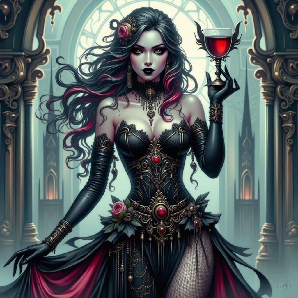 Gothic Anime Vampire Queen in Fantasy Realm