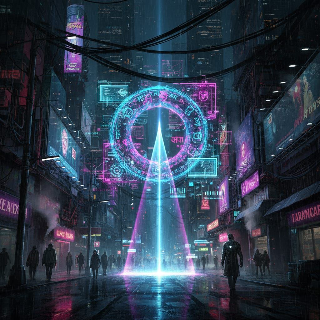 Cyberpunk City Night Portal with Vedic Designs