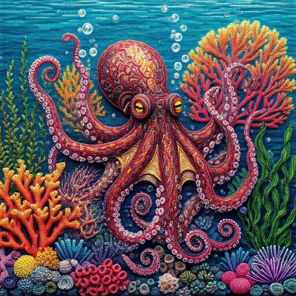 Octopus in Beaded Coral Reef Scene
