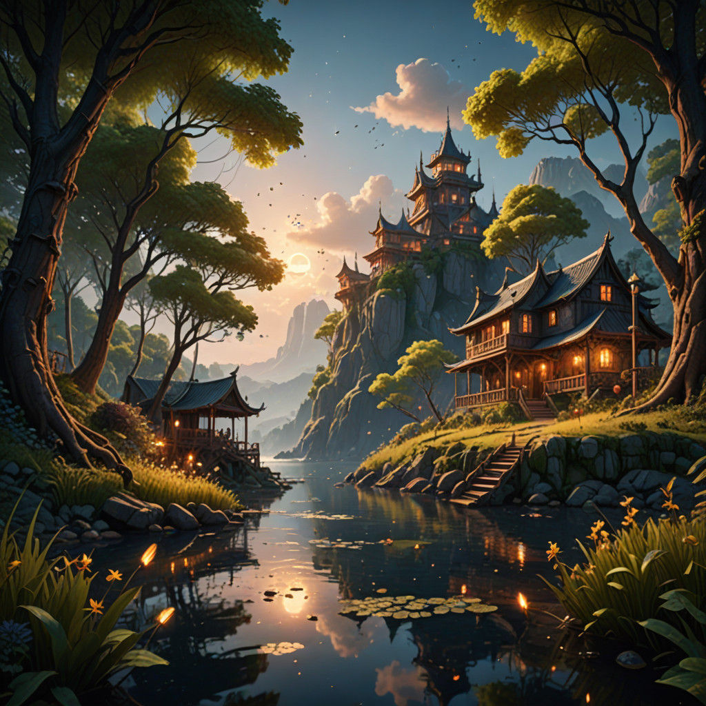 Neo-Impressionist Sunset Bay with Fireflies, Unreal Engine 5...