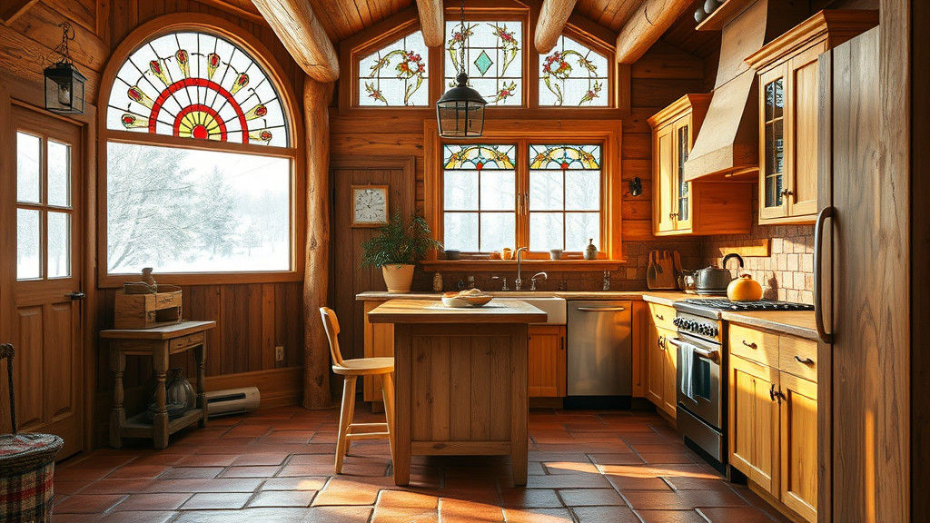 Rustic All-Wood Kitchen with Stained Glass Window